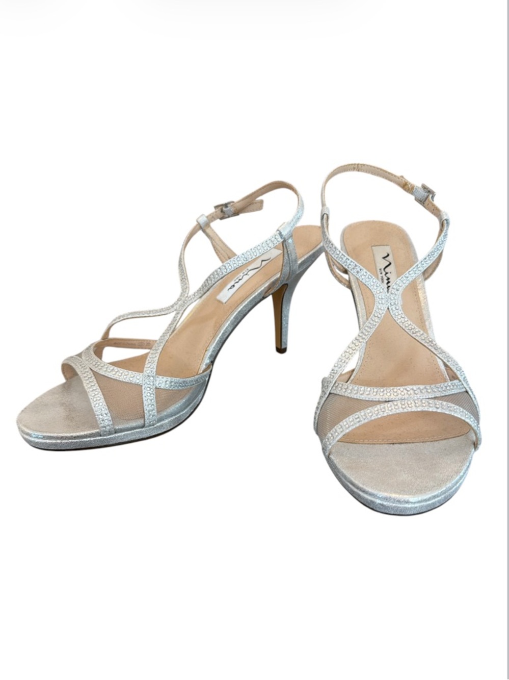 Nina Blossom Silver Metallic Rhinestone Strappy Sandals Heels 8.5